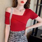Asymmetrical Cold-shoulder Rhinestone T-shirt