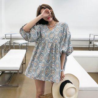 Puff-sleeve Patterned Mini Smock Dress