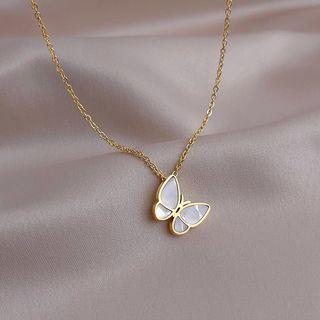 Butterfly Shell Pendant Stainless Steel Necklace White Butterfly - Gold - One Size