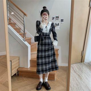 Plaid Lace Panel Midi A-line Dress