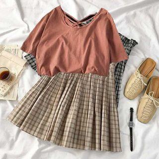 Set: Elbow-sleeve Top + Plaid Mini Skirt