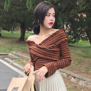 Off Shoulder Long Sleeve Pinstriped T-shirt