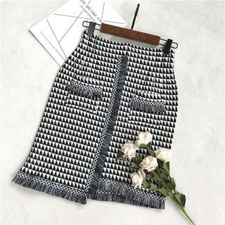 Fringed Trim Knitted Pencil Skirt As Shown In Figure - One Size