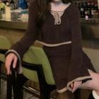 Set: Contrast Trim Lace Up Cropped Sweater + Knit Mini Pencil Skirt Set Of 2 - Sweater & Skirt - Coffee - One Size
