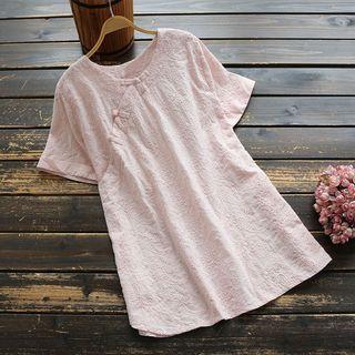 Short-sleeve Embroidered Frog Buttoned Tunic Top