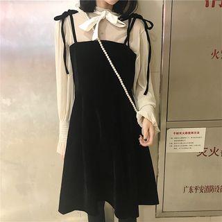 Mesh Long-sleeve Top / Strappy A-line Dress