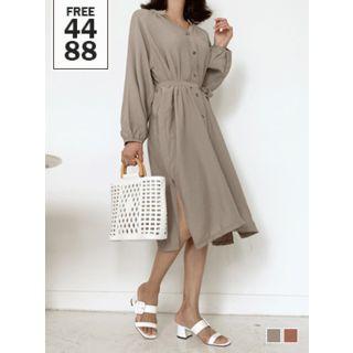 Mandarin-collar Open-placket Midi Shirtdress