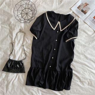 Short-sleeve Lace Trim Mini Collared Dress Black - One Size