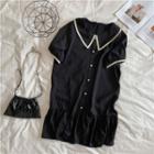 Short-sleeve Lace Trim Mini Collared Dress Black - One Size