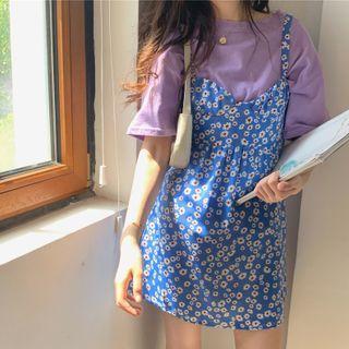 Printed Short-sleeve T-shirt/ Floral Strappy Sheath Dress