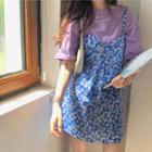 Printed Short-sleeve T-shirt/ Floral Strappy Sheath Dress