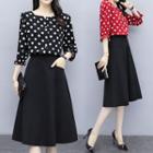 Set: 3/4-sleeve Dotted Top + A-line Skirt