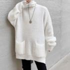 Slit Turtleneck Plain Sweater