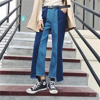 Fray Hem Color Panel Wide Leg Jeans