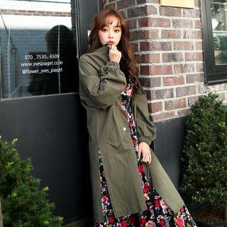 Deep-slit Flap-pocket Long Safari Jacket Khaki - One Size