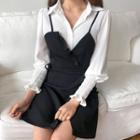 Set: Smocked-cuff Blouse + Frill-trim Pinafore Minidress Black - One Size