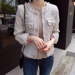 Fringe-trim Tweed Jacket Pink - One Size