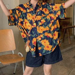 Short-sleeve Floral Hawaiian Shirt Yellow & Blue - One Size