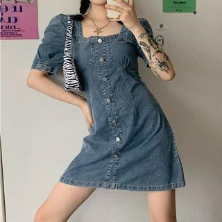 Puff-sleeve Square-neck Button Denim Dress