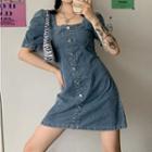 Puff-sleeve Square-neck Button Denim Dress