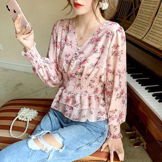 Long Sleeve V-neck Floral Print Smocked Top