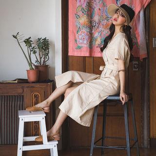 Diagonal-button Shirtdress With Sash