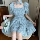 Floral Print Ruched Puff-sleeve Dress