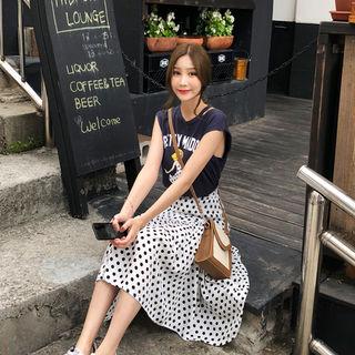 Set: Cap-sleeve Print T-shirt + Polka-dot Tiered Skirt
