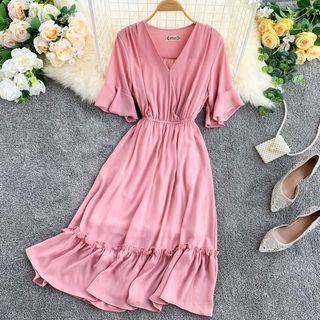 Elbow-sleeve Elastic-waist A-line Dress