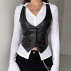 V-neck Halter-neck Faux Leather Vest