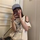 Elbow-sleeve Cold-shoulder Print T-shirt