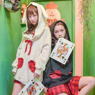 Set : Plaid Applique Long-sleeve Hoodie + Pleated Mini Skirt