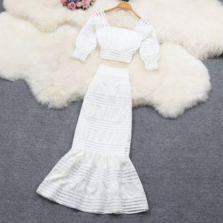 Set: Elbow-sleeve Blouse + Midi Mermaid Skirt
