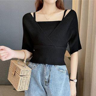 Mock Two Piece Short-sleeve Plain Cutout Knit Top