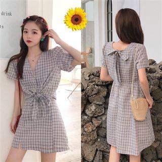 Set: Short-sleeve Lace-up Plaid Top + Plaid Skirt / Short-sleeve Plaid Dress