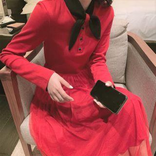 Long-sleeve Henley Mesh Midi Dress