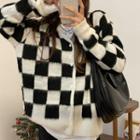 Checkered V-neck Cardigan Checkered - Black & White - One Size