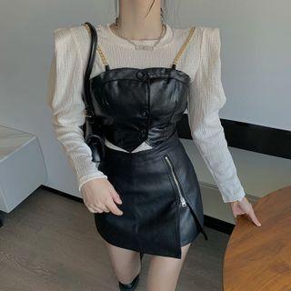 Puff-sleeve Blouse / Faux Leather Camisole Top / A-line Skirt
