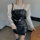 Puff-sleeve Blouse / Faux Leather Camisole Top / A-line Skirt