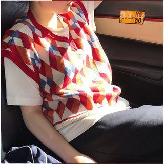 Color-block Plaid V-neck Knit Vest