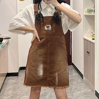 Fray Hem Denim Mini A-line Overall Dress