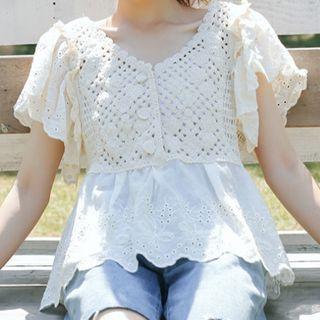 Crochet Panel Eyelet Short-sleeve Blouse