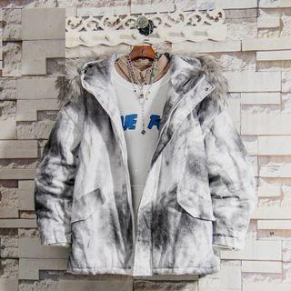 Fluffy Trim Tie-dye Hooded Zip Jacket