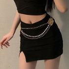 Faux Pearl Chained Belt Black & White - One Size