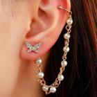 Butterfly Faux Pearl Faux Pearl Chain Cuff Earring 01 - 1 Pc - Gold - One Size