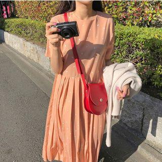 Dotted Short-sleeve Pleated A-line Midi Dress Orange Pink - One Size