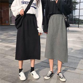 Elastic Waist Slit-hem Midi Skirt