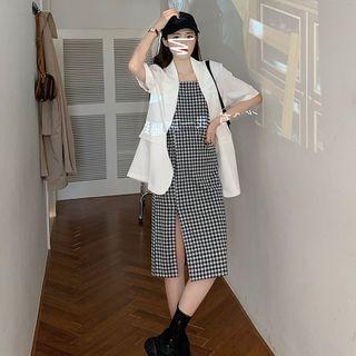 Elbow-sleeve Blazer / Plaid Strappy Midi A-line Dress