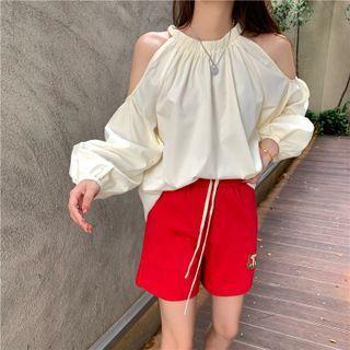 Balloon-sleeve Cold-shoulder Blouse Almond - One Size