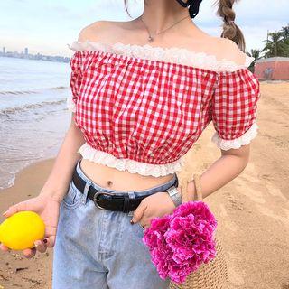 Off-shoulder Cropped Plaid Top